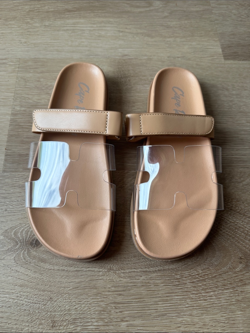 Cape Robbin Tan Slide Sandals with Clear Straps